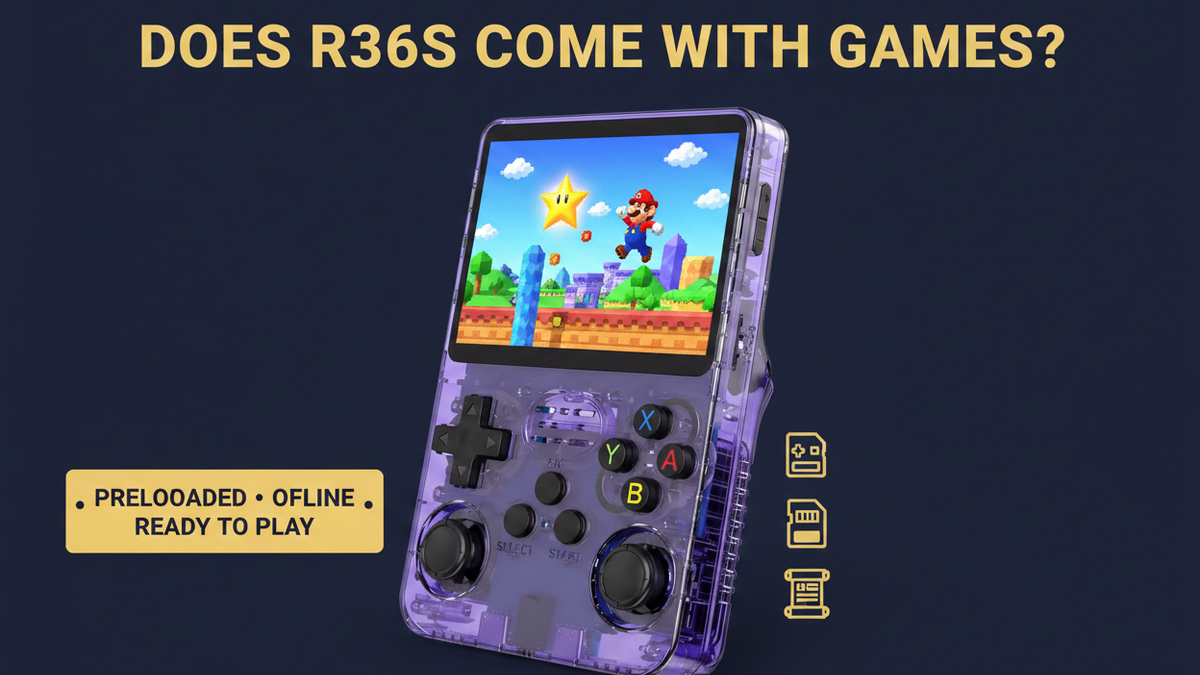Purple R36S retro handheld gaming console with preloaded classic games, Mario gameplay, microSD card, and offline play icons