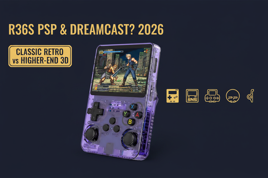 Purple R36S retro handheld gaming console with classic GBA, SNES, PS1, PSP, and Dreamcast compatibility comparison icons
