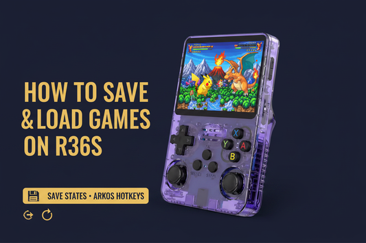 R36S purple retro handheld gaming console showing a retro battle scene, with save-state and ArkOS hotkey icons for saving and loading games