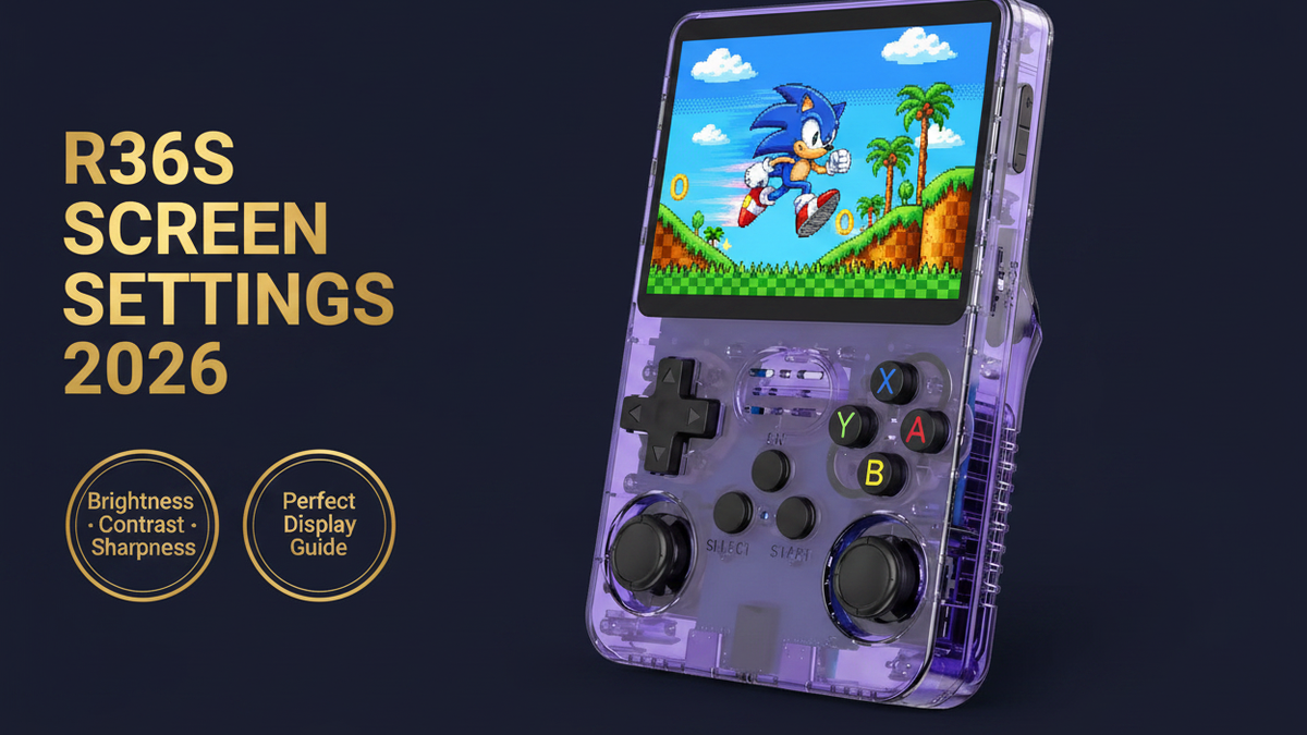R36S screen settings guide 2026 brightness contrast aspect ratio shader IPS display iGameConsole