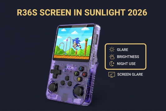 Purple R36S retro handheld gaming console with IPS screen, Sonic gameplay, sunlight, glare, brightness, and night-use icons