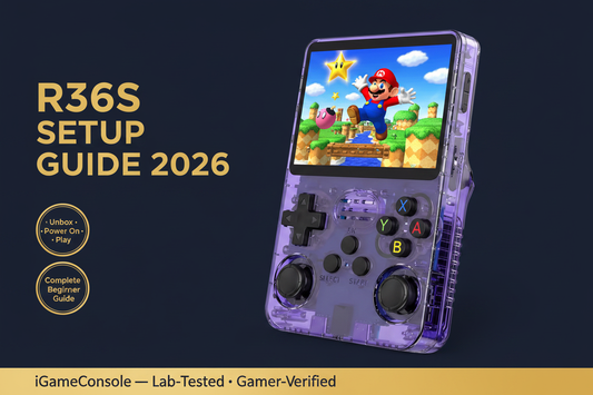 R36S setup guide beginners 2026 unbox power on EmulationStation save state fast forward iGameConsole