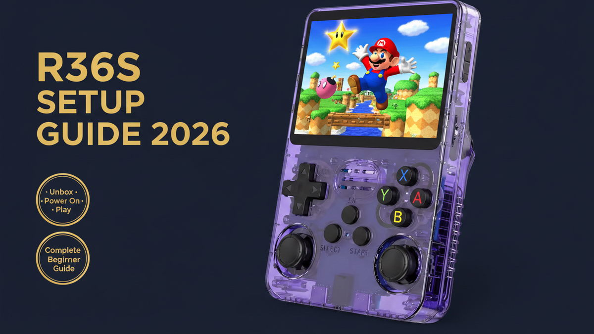 R36S setup guide beginners 2026 unbox power on EmulationStation save state fast forward iGameConsole