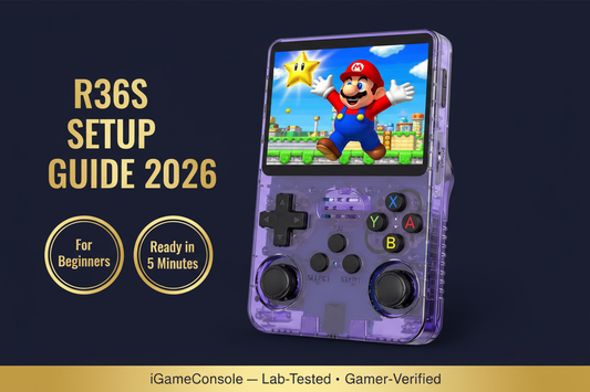 R36S setup guide beginners 2026 unbox charge power on EmulationStation play first game 5 minutes iGameConsole