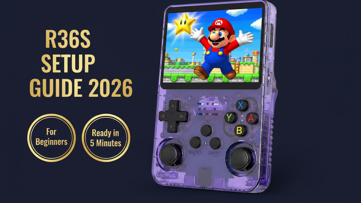 R36S setup guide beginners 2026 unbox charge power on EmulationStation play first game 5 minutes iGameConsole