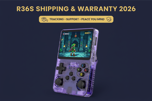 Purple R36S retro handheld gaming console with shipping box, tracking support, customer service, and warranty shield icons