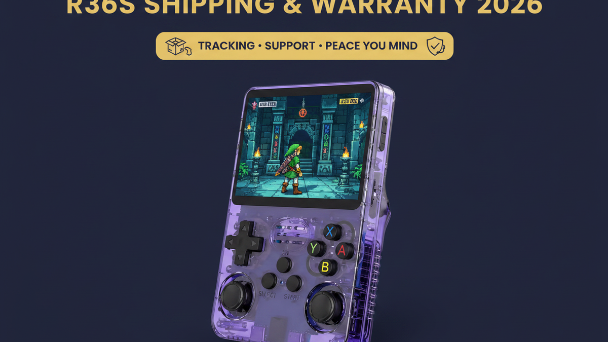Purple R36S retro handheld gaming console with shipping box, tracking support, customer service, and warranty shield icons