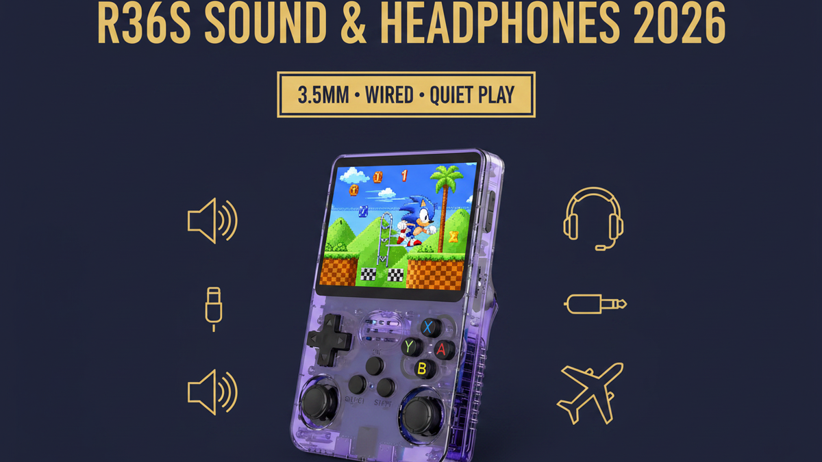 Purple R36S retro handheld gaming console with speaker, wired 3.5mm headphones, audio plug, and quiet travel gaming icons