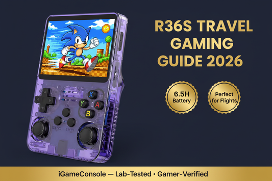 R36S travel gaming guide 2026 6.5 hour battery USB-C power bank flight compact TSA-friendly best travel handheld iGameConsole