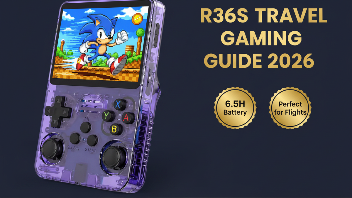 R36S travel gaming guide 2026 6.5 hour battery USB-C power bank flight compact TSA-friendly best travel handheld iGameConsole