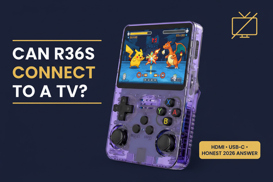 Purple R36S retro handheld gaming console with a crossed-out TV icon, illustrating no HDMI video output and USB-C charging in 2026