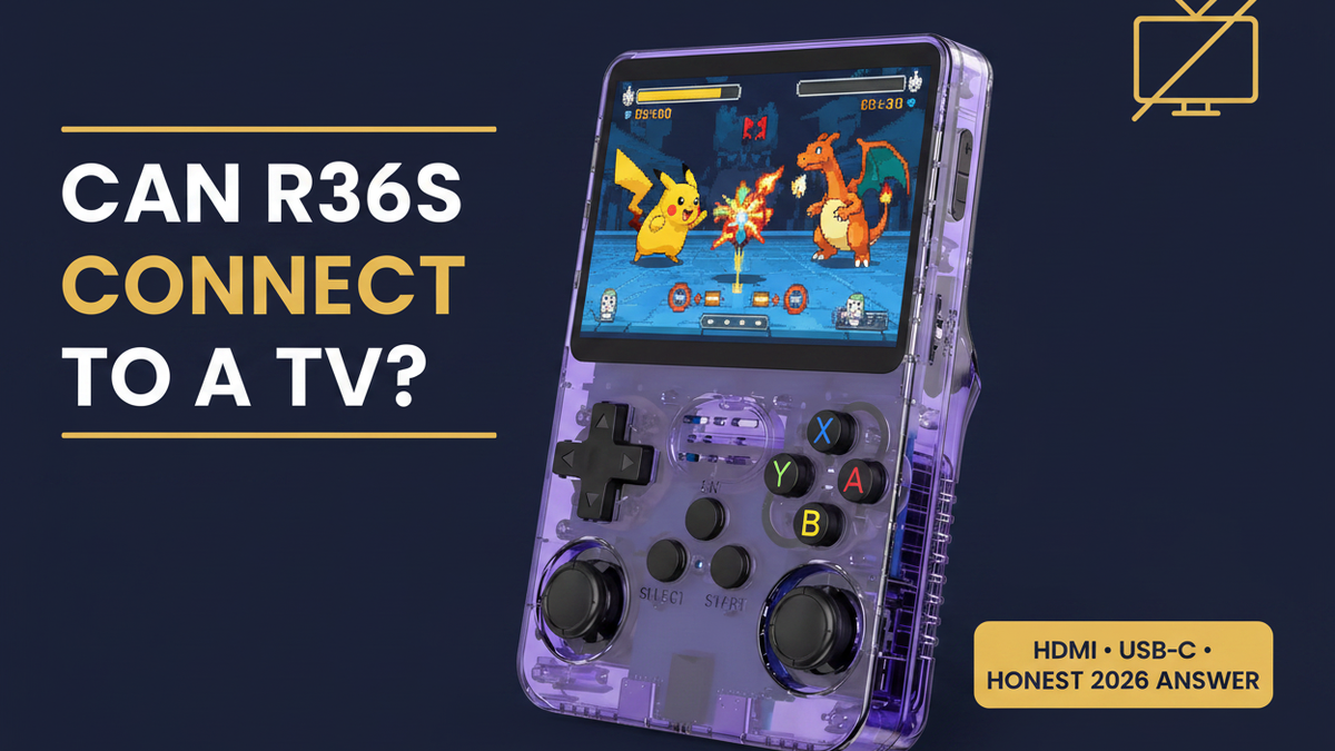 Purple R36S retro handheld gaming console with a crossed-out TV icon, illustrating no HDMI video output and USB-C charging in 2026