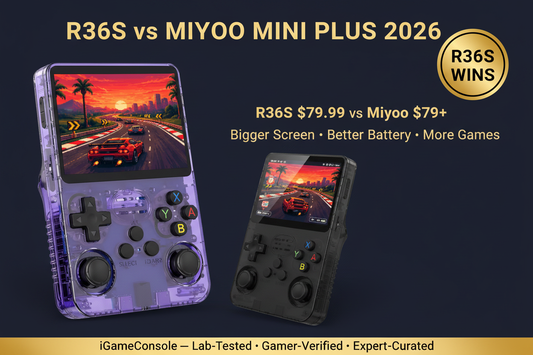 R36S vs Miyoo Mini Plus 2026 comparison — R36S wins PS1 N64 game library by iGameConsole