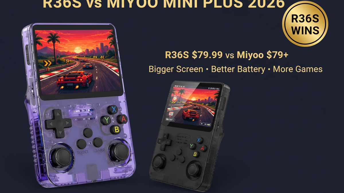 R36S vs Miyoo Mini Plus 2026 comparison — R36S wins PS1 N64 game library by iGameConsole