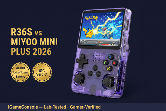 R36S vs Miyoo Mini Plus 2026 analog sticks N64 screen battery comparison iGameConsole