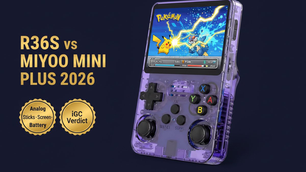 R36S vs Miyoo Mini Plus 2026 analog sticks N64 screen battery comparison iGameConsole