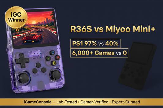 R36S vs Miyoo Mini Plus 2026 comparison — PS1 97% vs 40% by iGameConsole