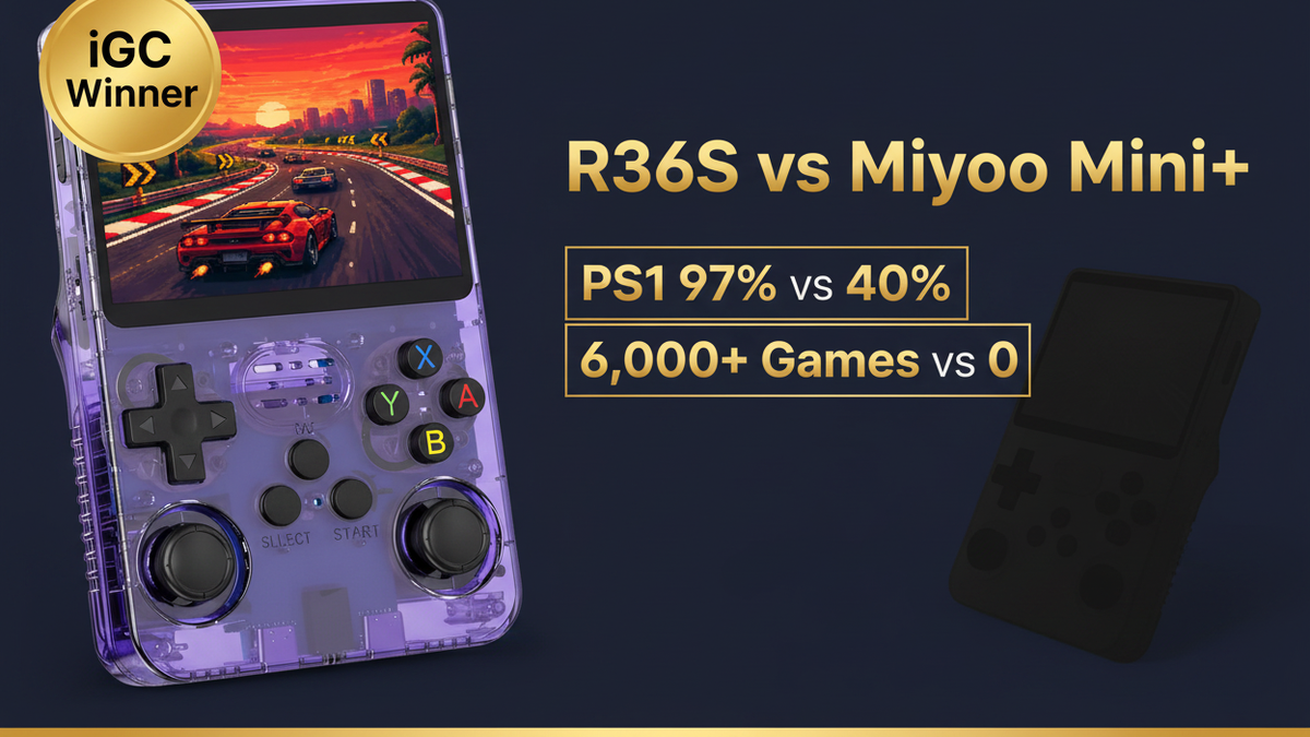 R36S vs Miyoo Mini Plus 2026 comparison — PS1 97% vs 40% by iGameConsole
