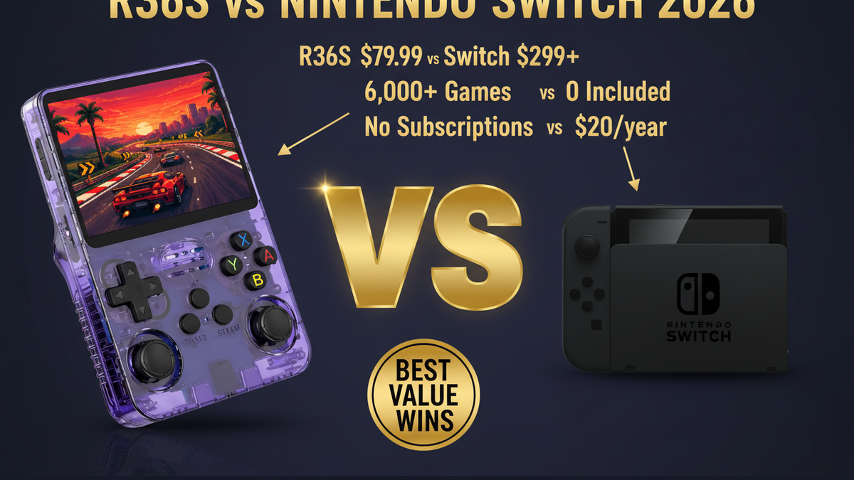 R36S vs Nintendo Switch 2026 — $79.99 vs $299 retro gaming value comparison by iGameConsole