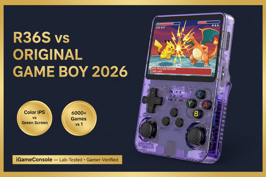 R36S vs original Game Boy 2026 IPS color screen 6000 games vs 1 cartridge iGameConsole
