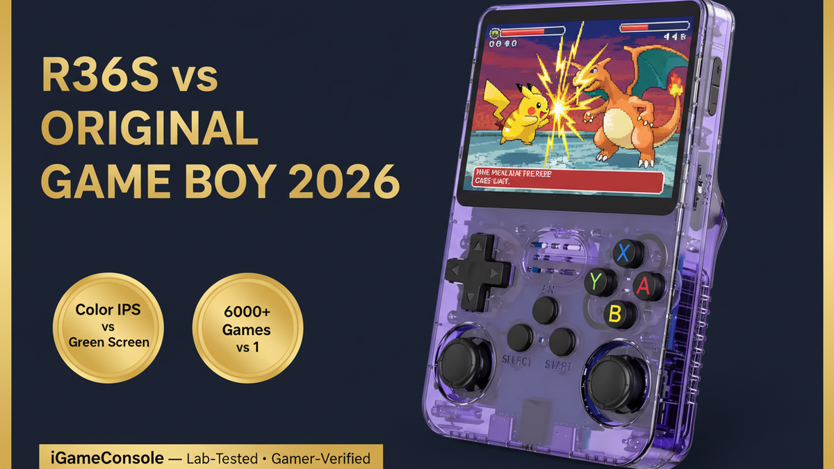 R36S vs original Game Boy 2026 IPS color screen 6000 games vs 1 cartridge iGameConsole