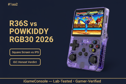 R36S vs Powkiddy RGB30 2026 square screen IPS analog sticks N64 comparison iGameConsole