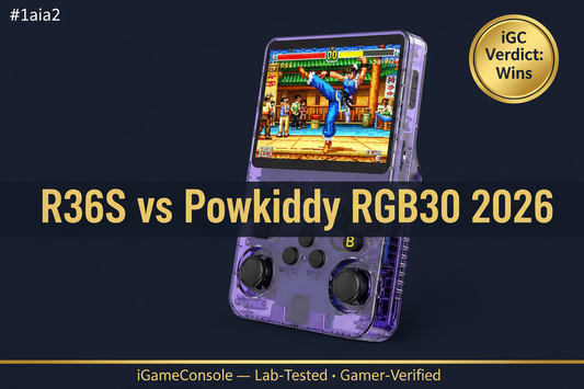 R36S vs Powkiddy RGB30 2026 comparison dual analog sticks preloaded games square screen iGC verdict iGameConsole