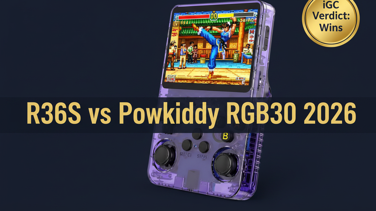 R36S vs Powkiddy RGB30 2026 comparison dual analog sticks preloaded games square screen iGC verdict iGameConsole