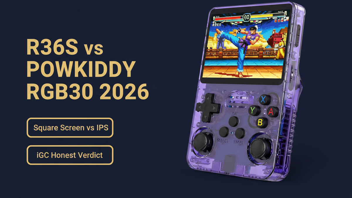 R36S vs Powkiddy RGB30 2026 square screen IPS analog sticks N64 comparison iGameConsole