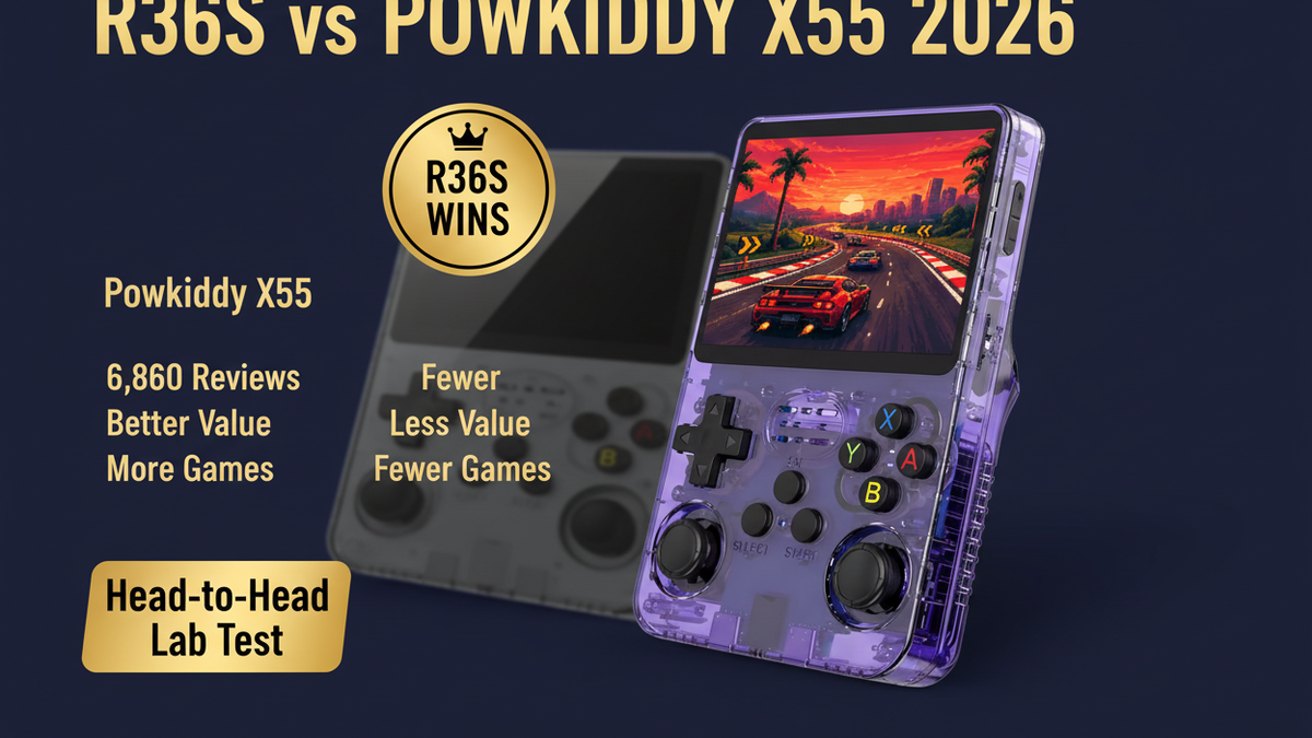R36S vs Powkiddy X55 2026 comparison — R36S wins by iGameConsole