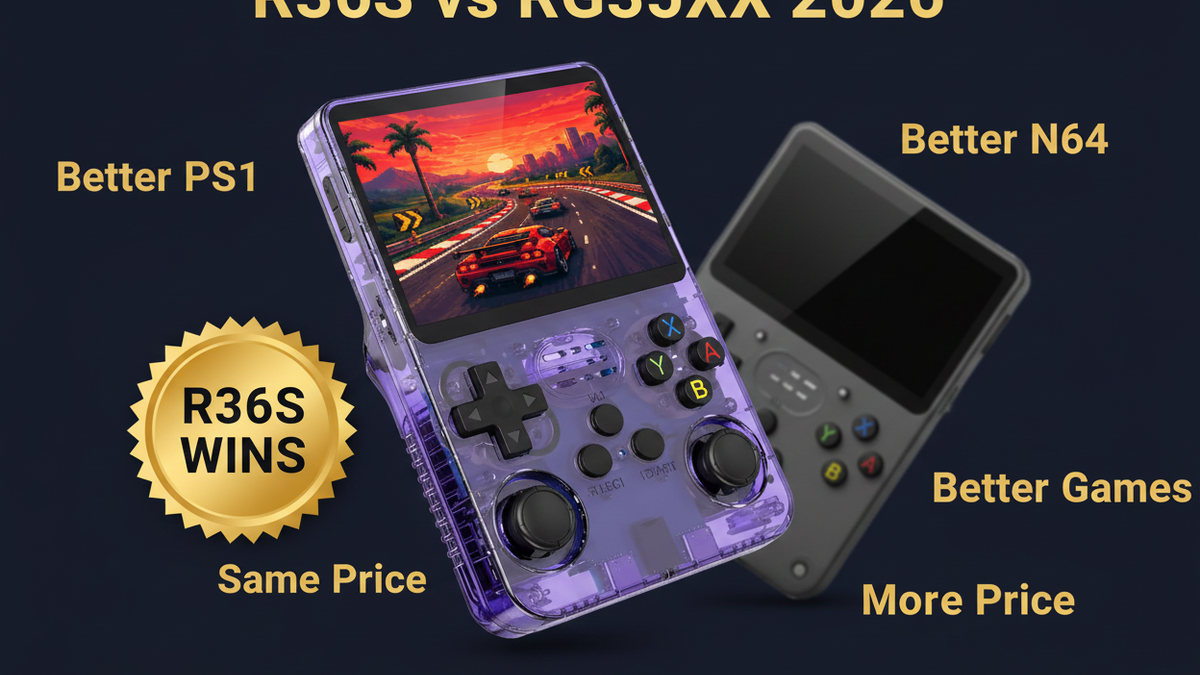 R36S vs RG35XX 2026 comparison — R36S wins PS1 N64 dual sticks by iGameConsole