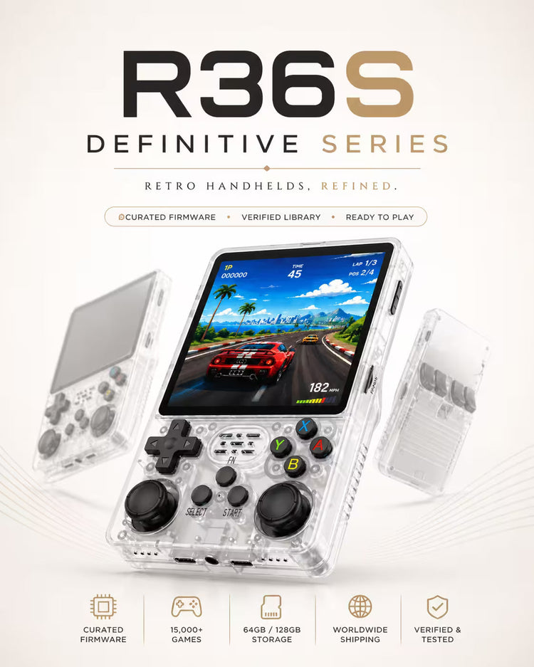 R36S Definitive Series hero image showing a transparent white retro handheld game console with a racing game screen, dual joysticks, colorful ABXY buttons, and a centered safe-crop layout on a clean white background.