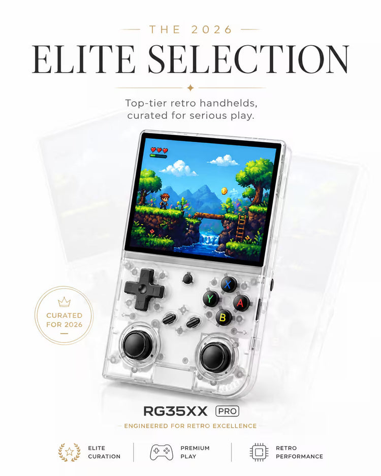 The 2026 Elite Selection collection image featuring the RG35XX Pro transparent white retro handheld game console with a pixel game screen and premium vertical Shopify layout.