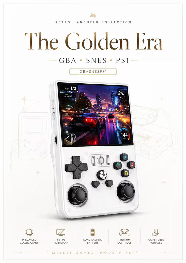 The Golden Era GBA SNES PS1 collection image featuring the R36PRO handheld game console in a premium white-background layout for retro gaming fans