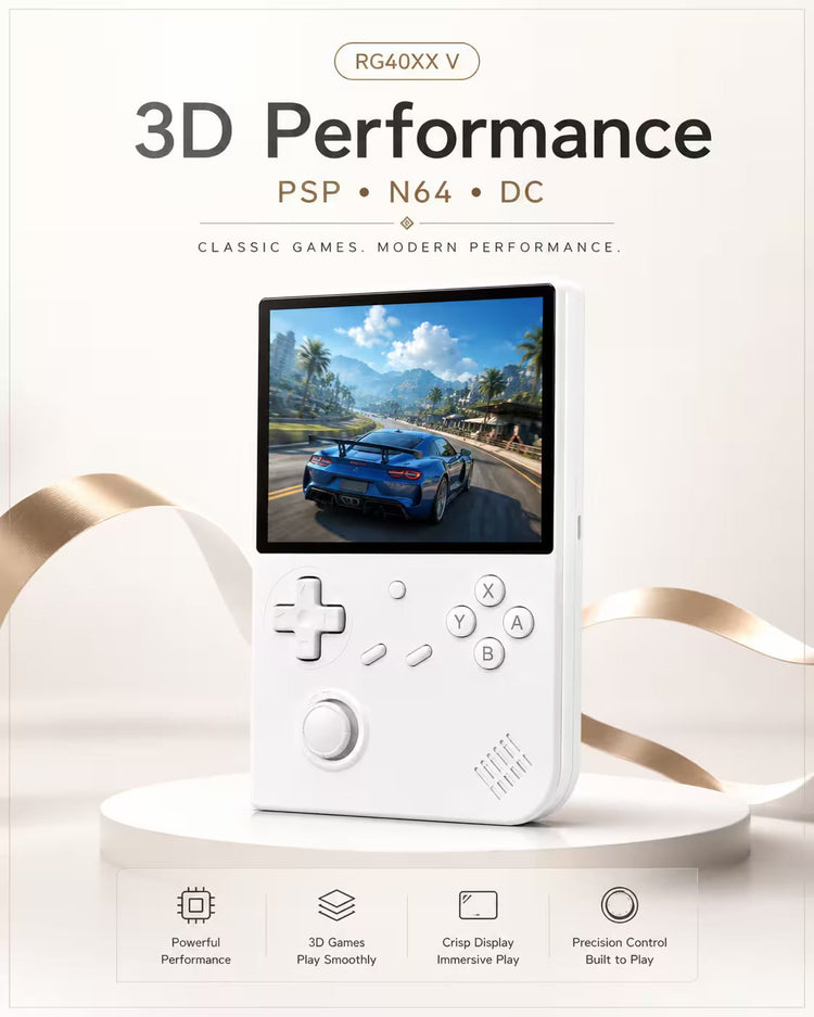 RG40XX V handheld game console featured in the 3D Performance (PSPN64DC) collection banner, highlighting premium vertical retro gaming design on a clean white background.