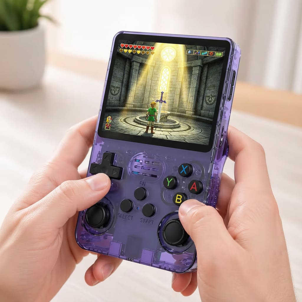 R36S Purple Console In Hand — Zelda Ocarina of Time