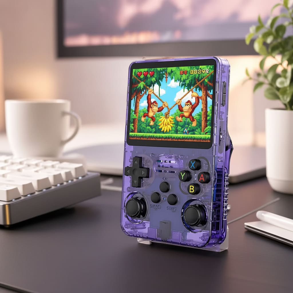 R36S Purple Console Desk Setup — Donkey Kong Country Jungle