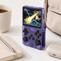 R36S Purple Console on Desk — Pikachu vs Charizard Battle