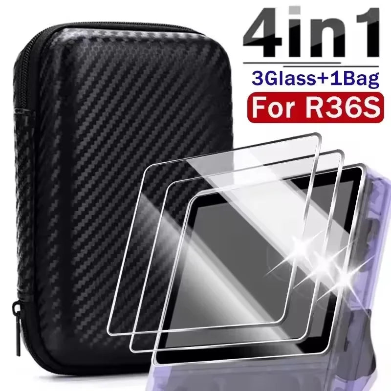 4 IN 1 For R36S Case+Screen Protector Tempered Glass Film Travel Carrying Storage Bag For Anbernic R36S Game Console Accessories