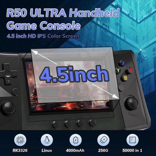 R50 Ultra Handheld Game 4.5 inch IPS Screen Retro Console 4000mAh Portable Console 12+ Emulator 256G GIFT 50000 Games