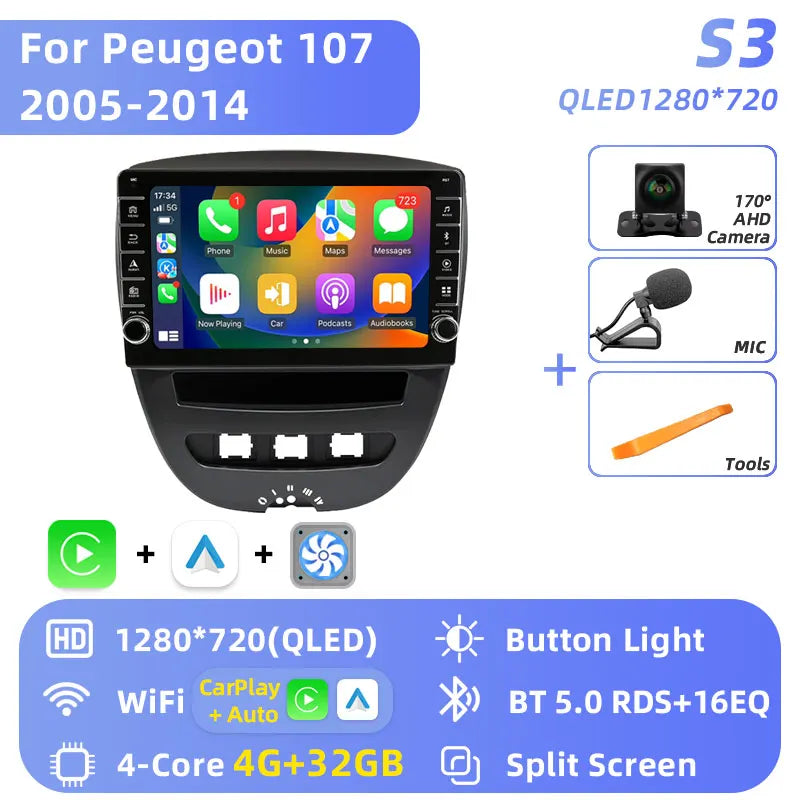Jundof Android 16 Car Radio For Peugeot 107 Toyota Aygo Citroen C1 2005-2014 Stereo Carplay GPS Navi Multimedia Player No 2 Din