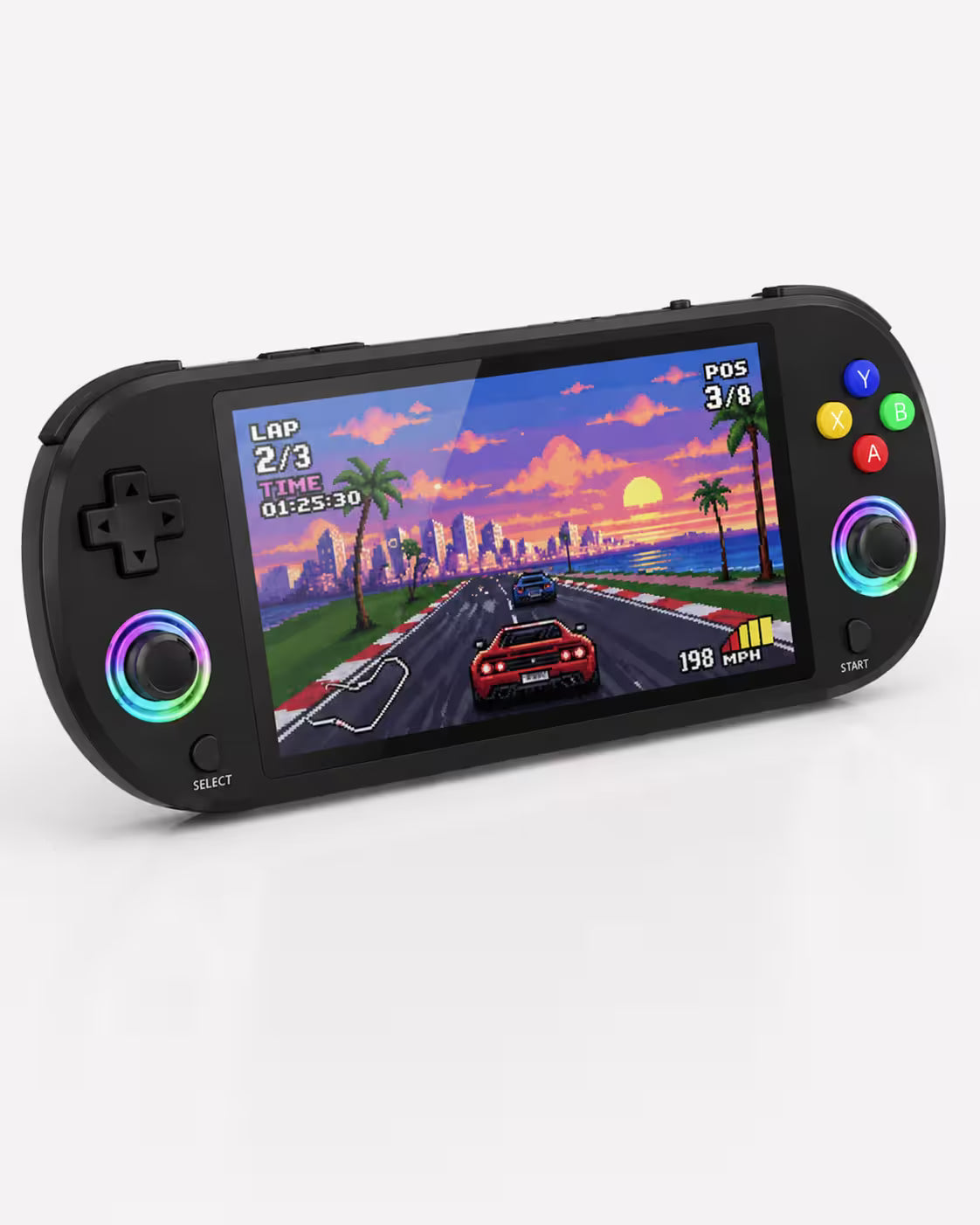 iGameConsole M22 Pro Max black retro handheld game console shown as a standalone color option with a horizontal display, dual RGB-ring joysticks, D-pad, colorful ABXY buttons, and pixel racing game screen on a clean white background.