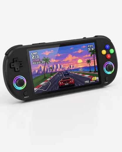 iGameConsole M22 Pro Max black retro handheld game console shown as a standalone color option with a horizontal display, dual RGB-ring joysticks, D-pad, colorful ABXY buttons, and pixel racing game screen on a clean white background.