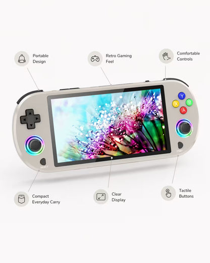 Feature-highlight image of the iGameConsole M22 Pro warm gray handheld game console with callouts for portable design, clear display, retro gaming feel, comfortable controls, tactile buttons, and compact everyday carry.