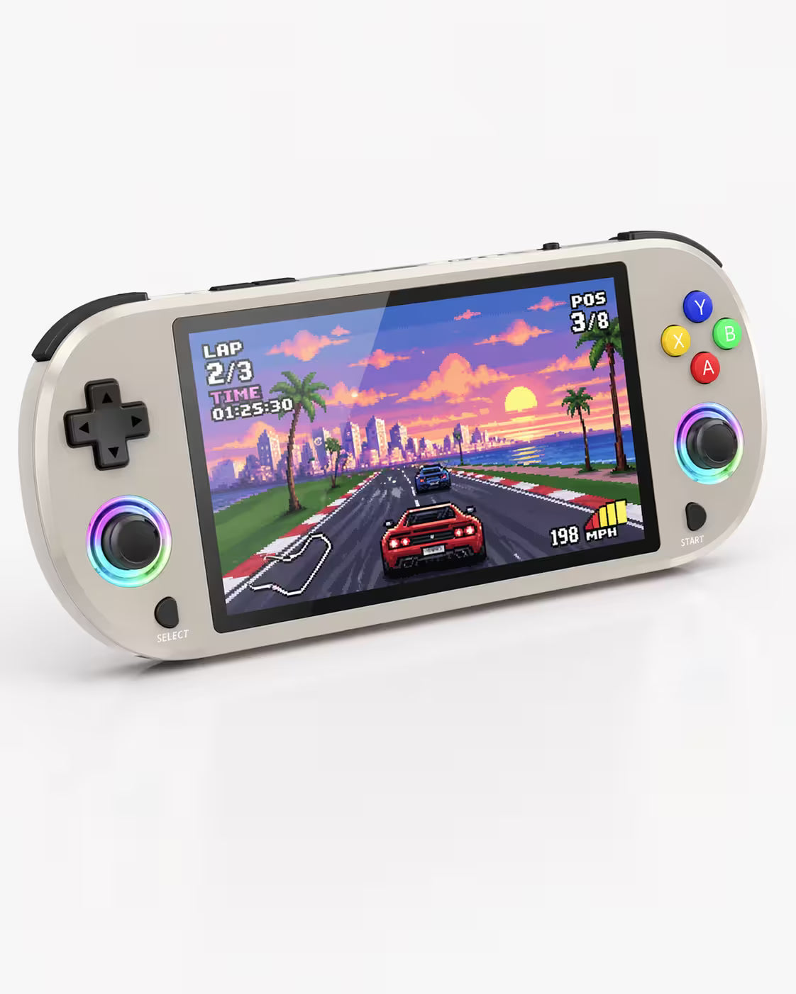 iGameConsole M22 Pro warm gray handheld game console with a wide display, dual RGB-ring joysticks, black D-pad, colorful ABXY buttons, and a retro racing game screen on a clean white background.