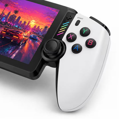 Close-up of the iGameConsole M28 Titan handheld game console showing the D-pad, dual analog sticks, ABXY buttons, white side grips, and detailed control layout with a bright gaming display.