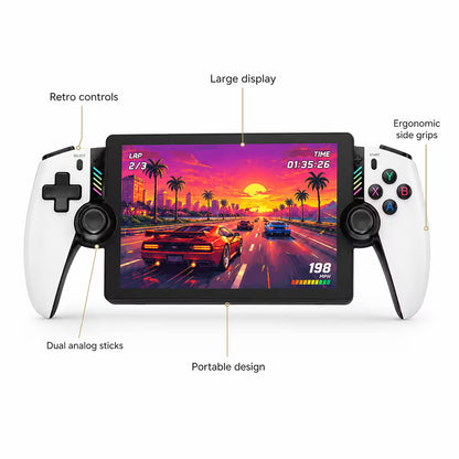 Feature-focused image of the iGameConsole M28 Titan handheld gaming console highlighting its wide screen, portable form factor, dual joysticks, responsive controls, and premium white-and-black design.