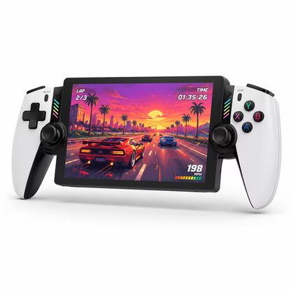 iGameConsole M28 Titan handheld game console with white side grips, black center body, dual joysticks, D-pad, ABXY buttons, and a vivid retro racing game display on a clean white background.