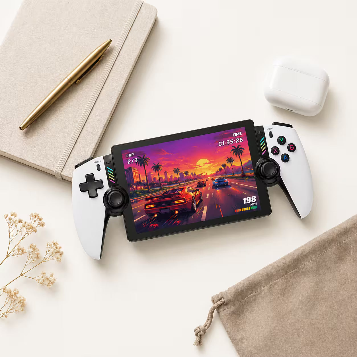 What’s in the box style image showing the iGameConsole M28 Titan handheld game console neatly presented on a clean premium white background.