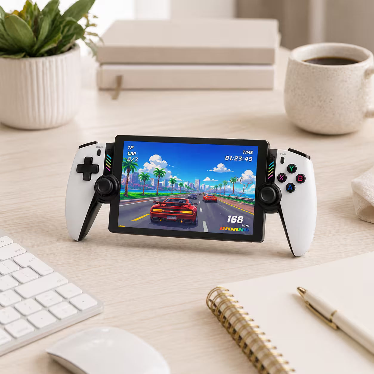 iGameConsole M28 Titan handheld console on a minimalist gaming workspace with a clean desk setup, showing its sleek portable design and immersive retro-style game display.